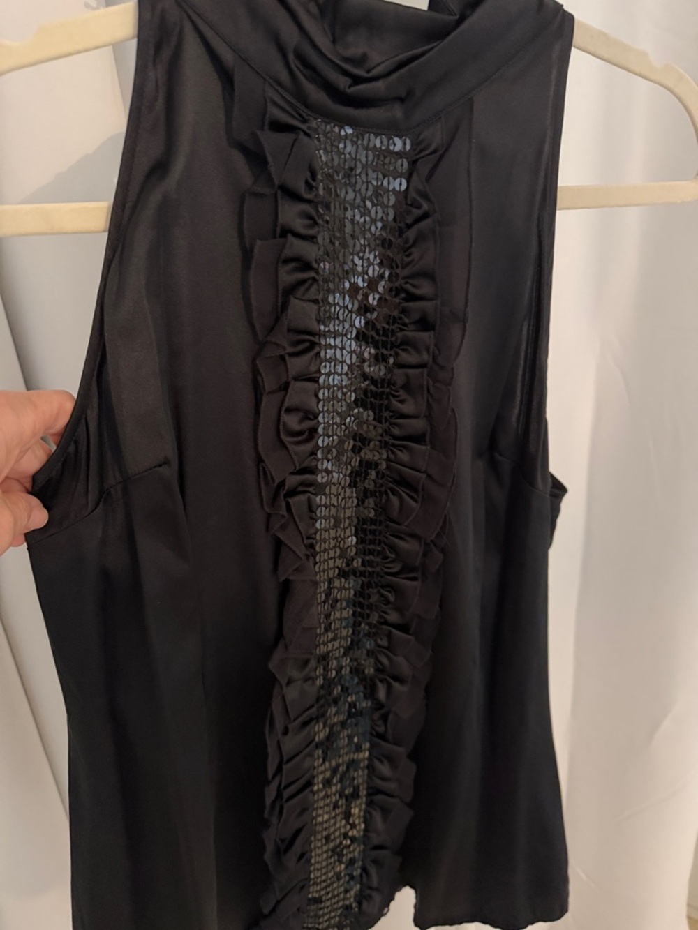 bebe Black Sleeveless Ruffle Tank with Sequin Center Panel